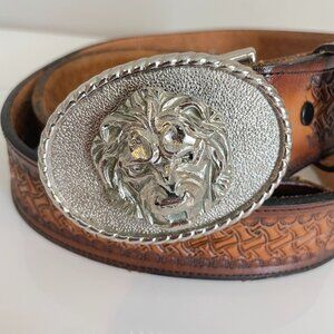 Vintage Brazos Joe Belt Co. Tooled Leather w/ Lion’s Head Buckle — Made in USA
